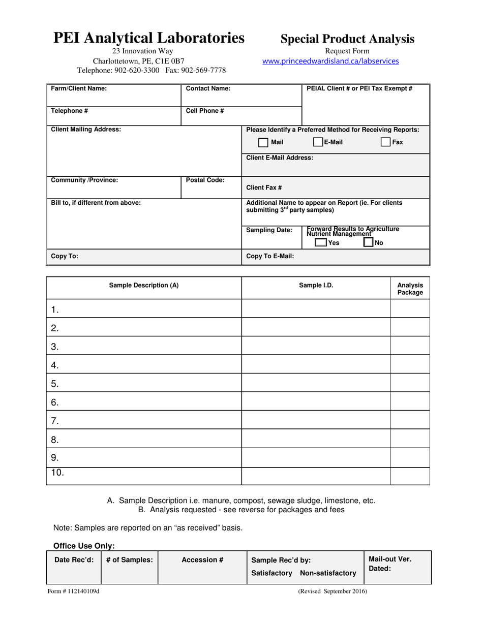 Form 112140109D Special Product Analysis Request Form - Prince Edward Island, Canada, Page 1