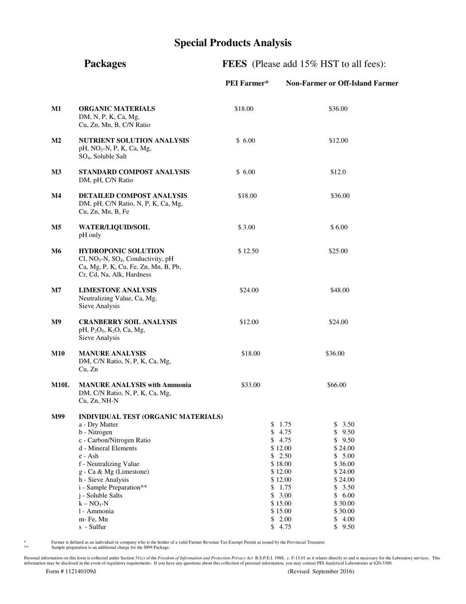 Form 112140109D Special Product Analysis Request Form - Prince Edward Island, Canada, Page 2