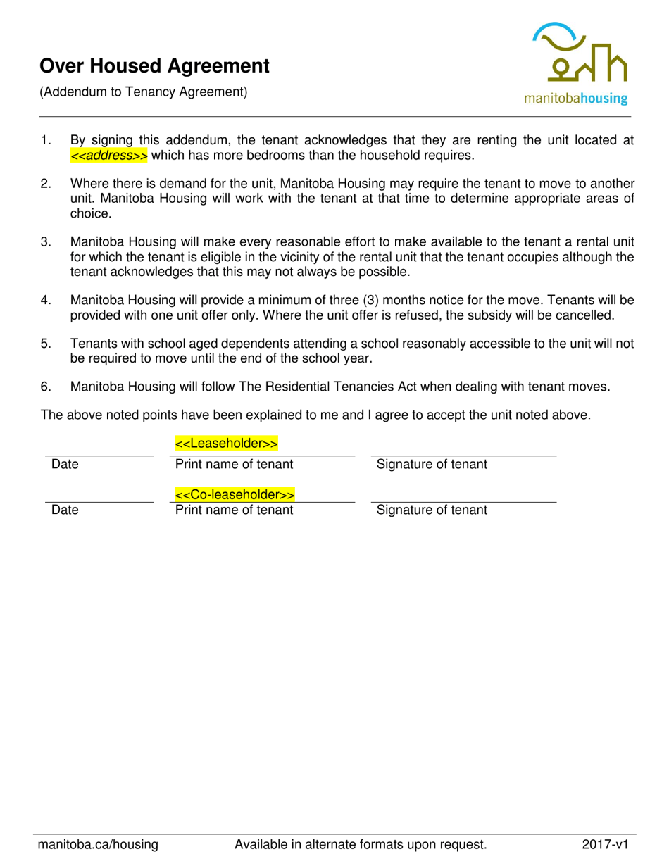 Over Housed Agreement (Addendum to Tenancy Agreement) - Manitoba, Canada, Page 1