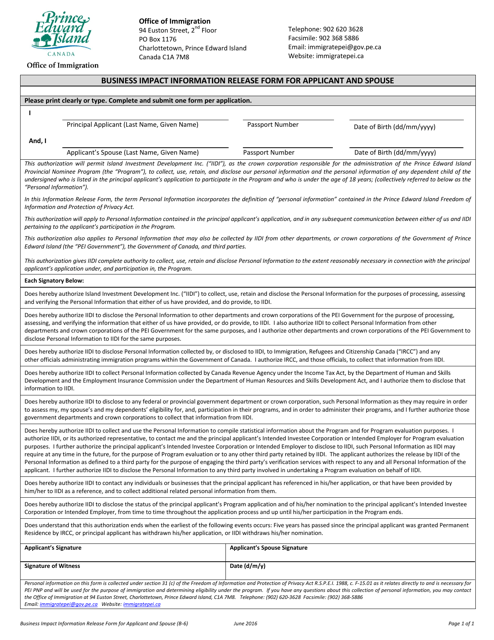 Form B-6 Business Impact Information Release Form for Applicant and Spouse - Prince Edward Island, Canada