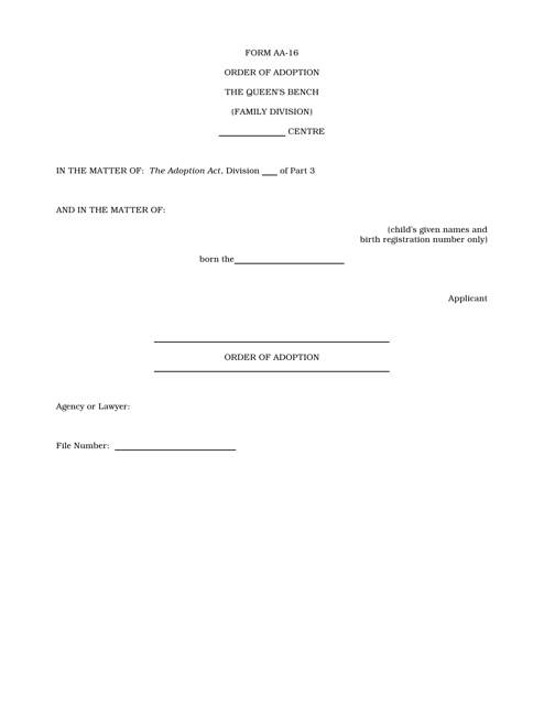Form AA-16 Order of Adoption (Material Filed) - Manitoba, Canada