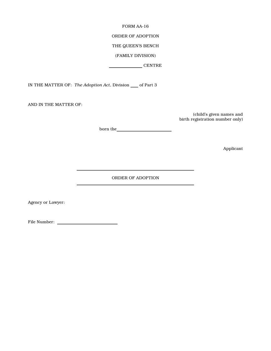 Form AA-16 Order of Adoption (Material Filed) - Manitoba, Canada, Page 1