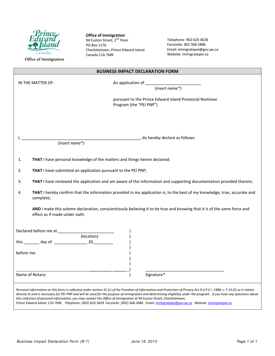 Form B-7 Business Impact Declaration Form - Prince Edward Island, Canada, Page 1