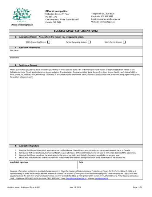 Form B-12 Business Impact Settlement Form - Prince Edward Island, Canada