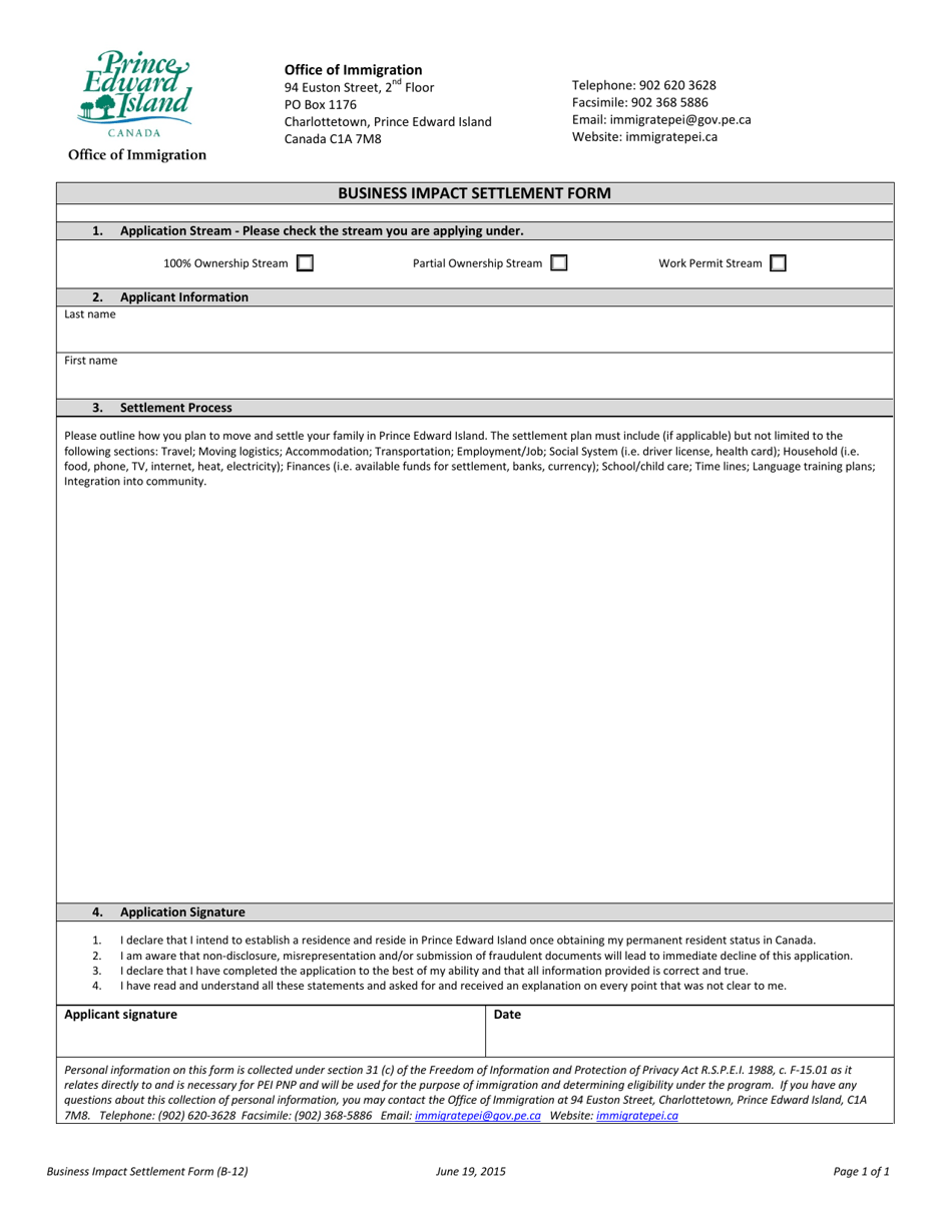 Form B-12 Business Impact Settlement Form - Prince Edward Island, Canada, Page 1
