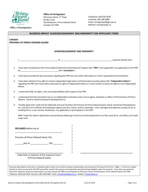 Form B-11 Business Impact Acknowledgement and Indemnity for Applicant Form - Prince Edward Island, Canada