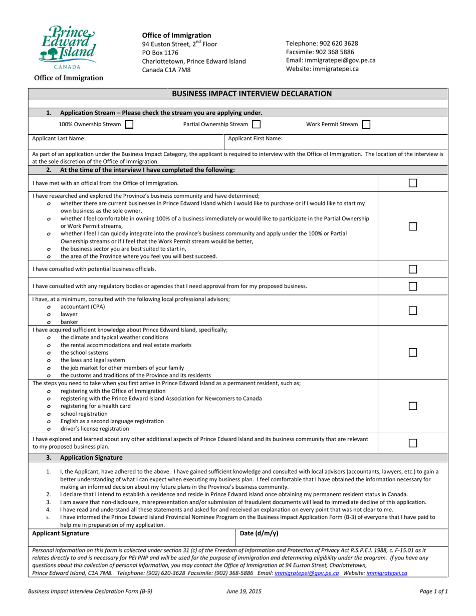 Form B-9 Business Impact Interview Declaration - Prince Edward Island, Canada, Page 1