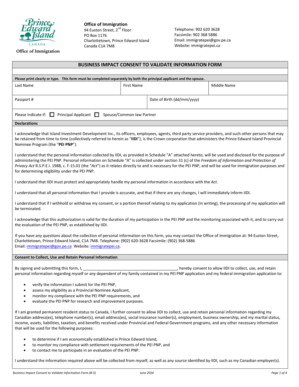 Form B-5 Business Impact Consent to Validate Information Form - Prince Edward Island, Canada, Page 1