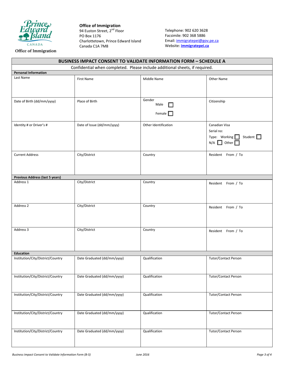 Form B-5 Business Impact Consent to Validate Information Form - Prince Edward Island, Canada, Page 3
