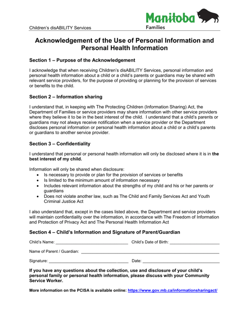 Acknowledgement of the Use of Personal Information and Personal Health Information - Children's Disability Services - Manitoba, Canada