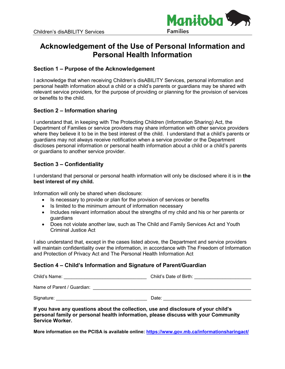 Acknowledgement of the Use of Personal Information and Personal Health Information - Childrens Disability Services - Manitoba, Canada, Page 1