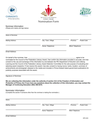 Form DPC-633 &quot;Council of the Federation Literacy Award Nomination Form&quot; - Prince Edward Island, Canada