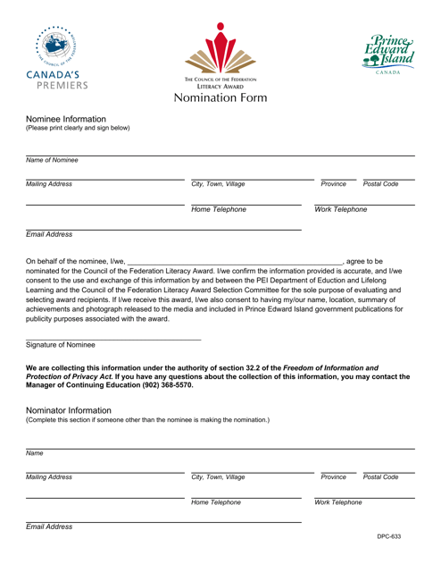 Form DPC-633 Council of the Federation Literacy Award Nomination Form - Prince Edward Island, Canada