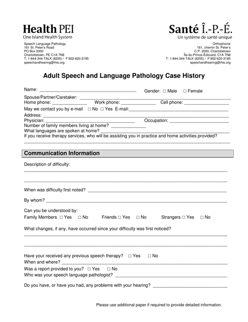 Adult Speech and Language Pathology Case History - Prince Edward Island, Canada Download Pdf