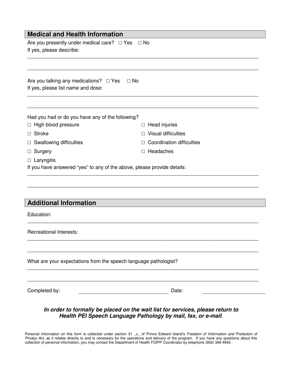 Adult Speech and Language Pathology Case History - Prince Edward Island, Canada, Page 2
