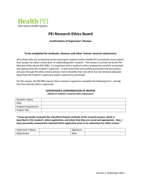 Confirmation of Supervisor's Review - Pei Research Ethics Board - Prince Edward Island, Canada Download Pdf