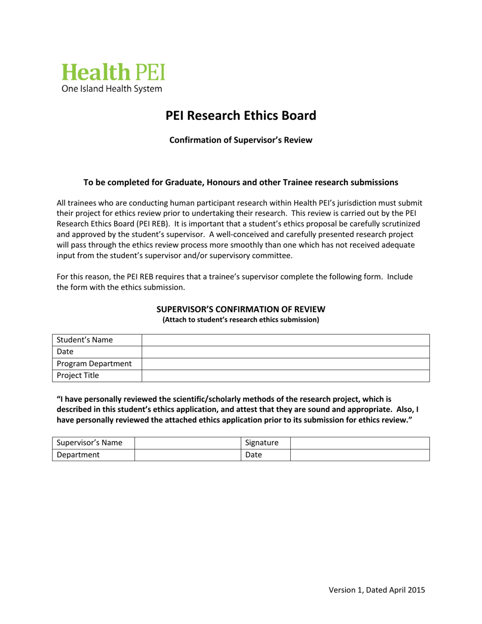 Confirmation of Supervisors Review - Pei Research Ethics Board - Prince Edward Island, Canada, Page 1