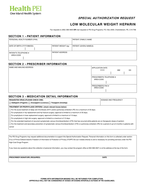 Low Molecular Weight Heparin Special Authorization Request - Prince Edward Island, Canada