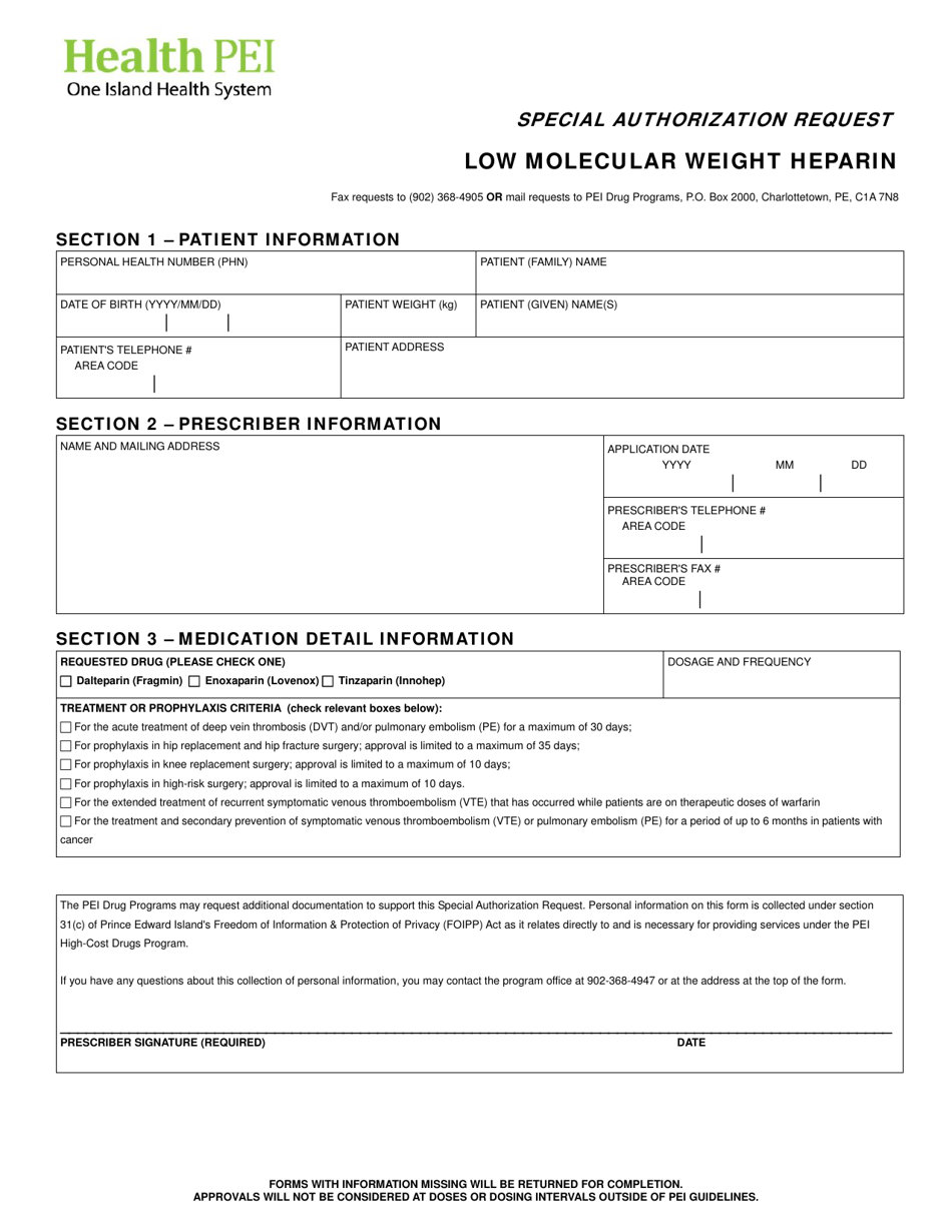 Low Molecular Weight Heparin Special Authorization Request - Prince Edward Island, Canada, Page 1