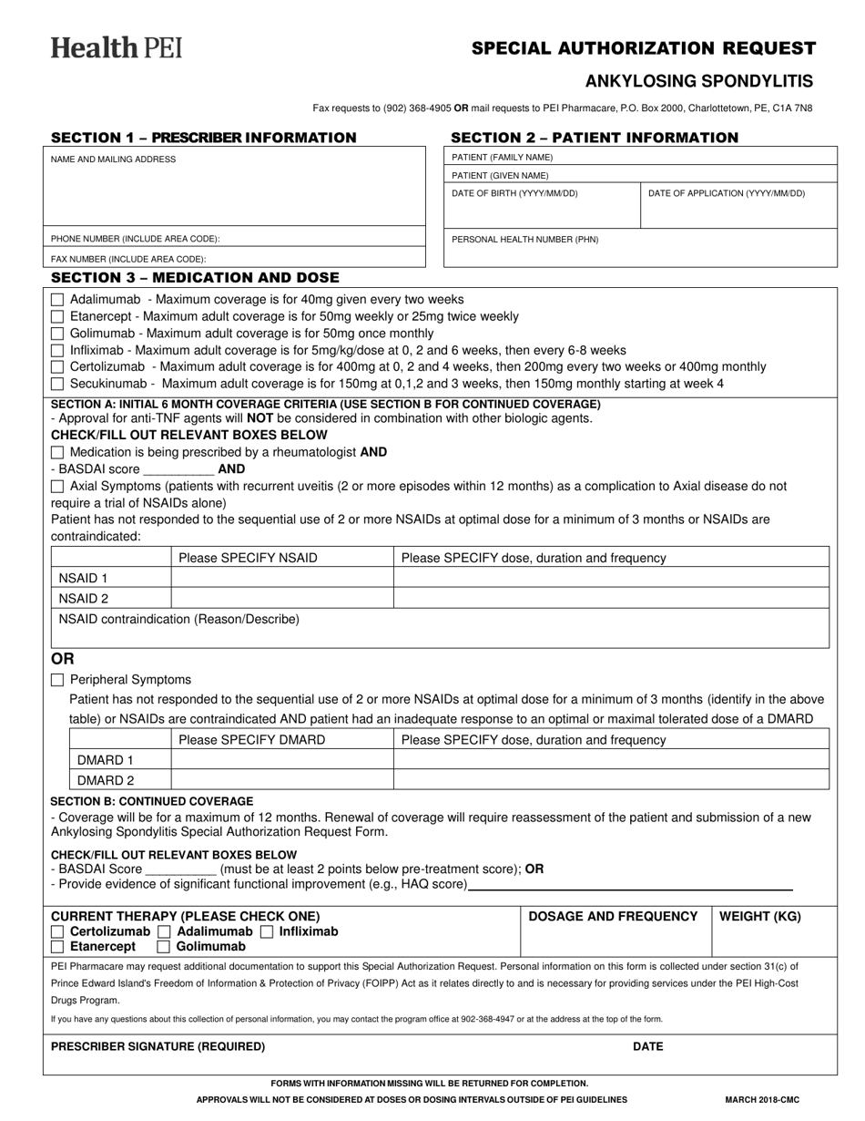 Ankylosing Spondylitis Special Authorization Request - Prince Edward Island, Canada, Page 1