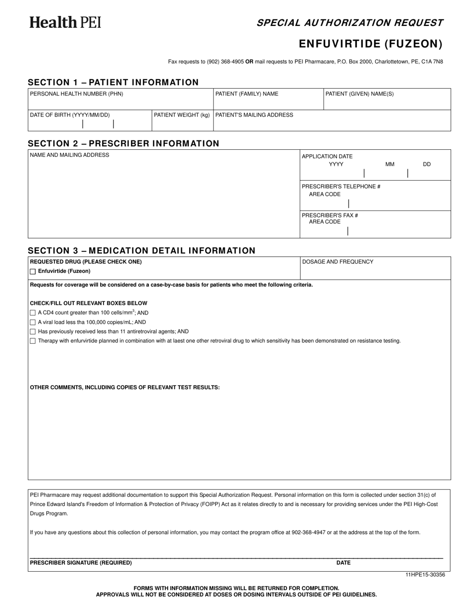 Form 11HPE15-30356 Enfuvirtide (Fuzeon) Special Authorization Request - Prince Edward Island, Canada, Page 1