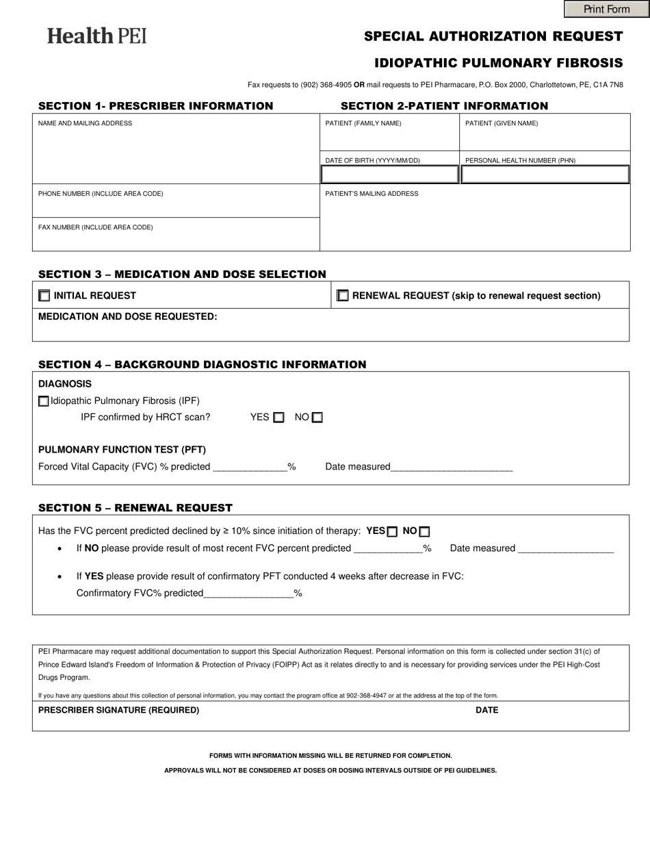 Idiopathic Pulmonary Fibrosis Special Authorization Request - Prince Edward Island, Canada, Page 1