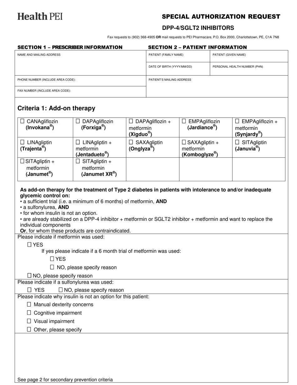 Dpp-4 / Sglt2 Inhibitors Special Authorization Request - Prince Edward Island, Canada, Page 1