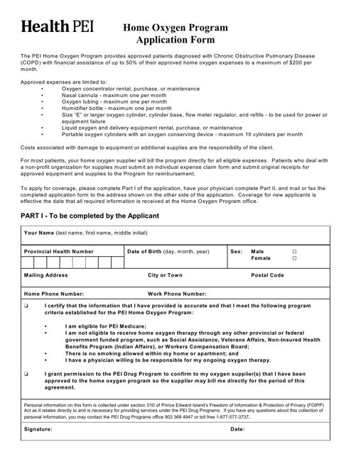 Home Oxygen Program Application Form - Prince Edward Island, Canada Download Pdf
