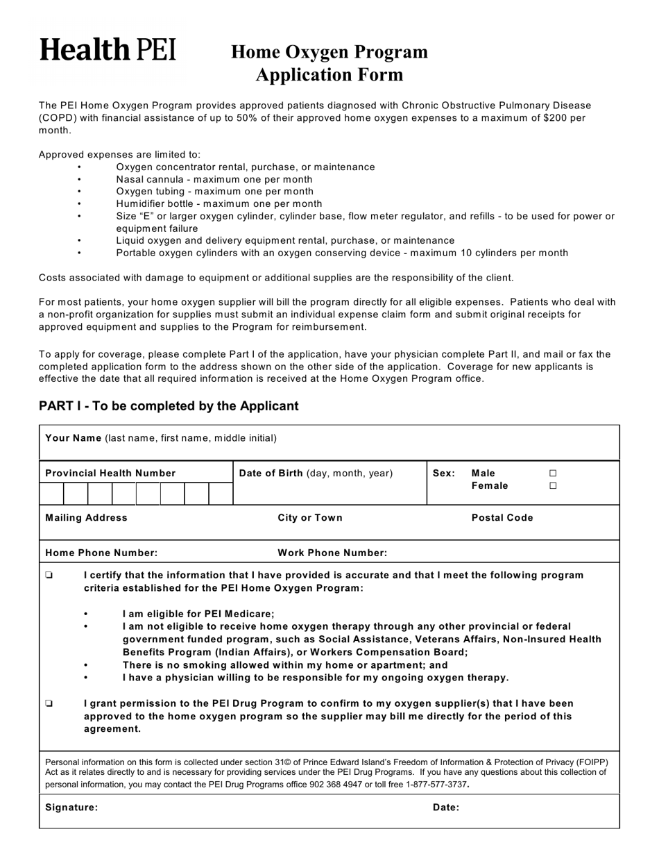 Home Oxygen Program Application Form - Prince Edward Island, Canada, Page 1