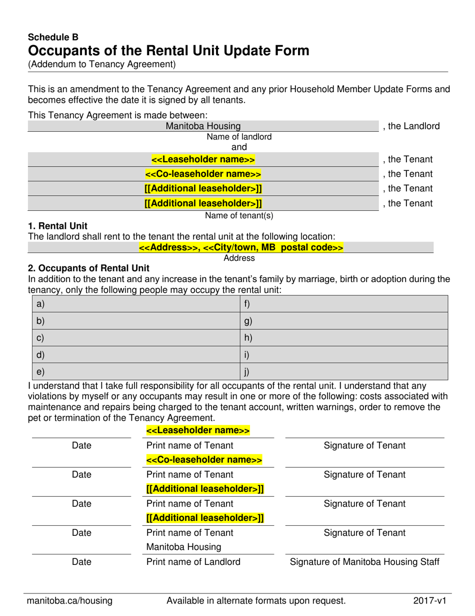 Schedule B Occupants of the Rental Unit Update Form (Addendum to Tenancy Agreement) - Manitoba, Canada, Page 1