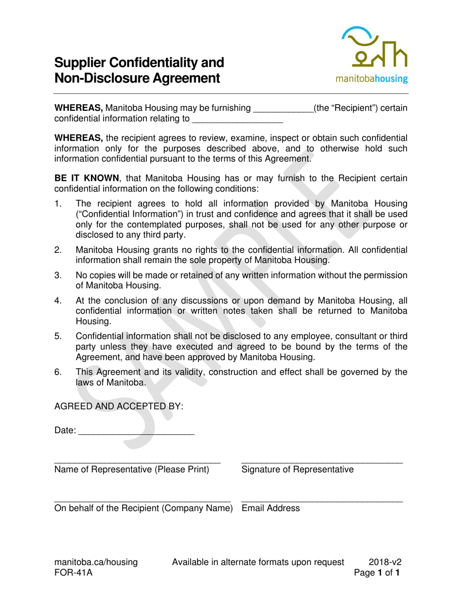 Form FOR-41A Supplier Confidentiality and Non-disclosure Agreement - Sample - Manitoba, Canada, Page 1