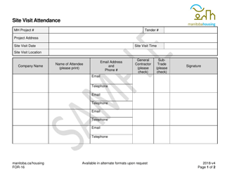 Document preview: Form FOR-16 Site Visit Attendance - Sample - Manitoba, Canada