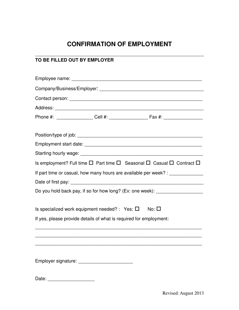 Confirmation of Employment - Manitoba, Canada, Page 1