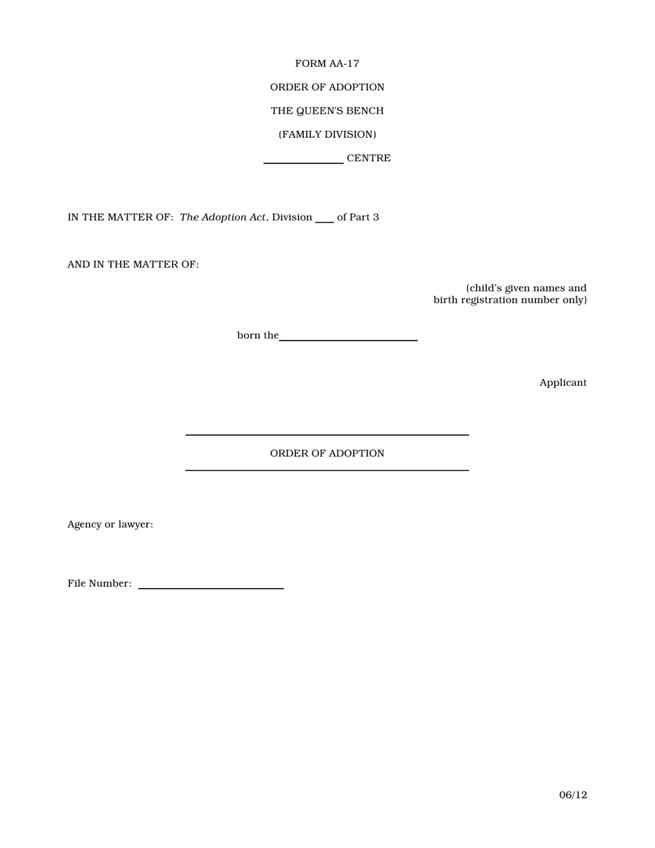 Form AA-17 Order of Adoption - Manitoba, Canada, Page 1