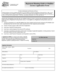 Form 15EN15-43554 &quot;Registered Hunting Guide or Outfitter Licence Application Form&quot; - Prince Edward Island, Canada