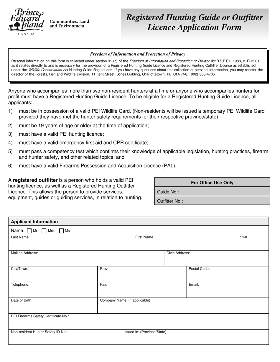 Form 15EN15-43554 Registered Hunting Guide or Outfitter Licence Application Form - Prince Edward Island, Canada, Page 1