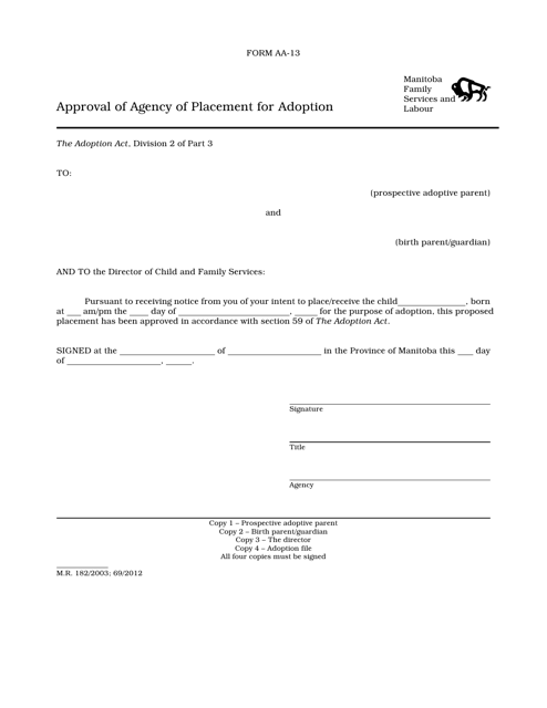 Form AA-13 Approval of Agency of Placement for Adoption - Manitoba, Canada