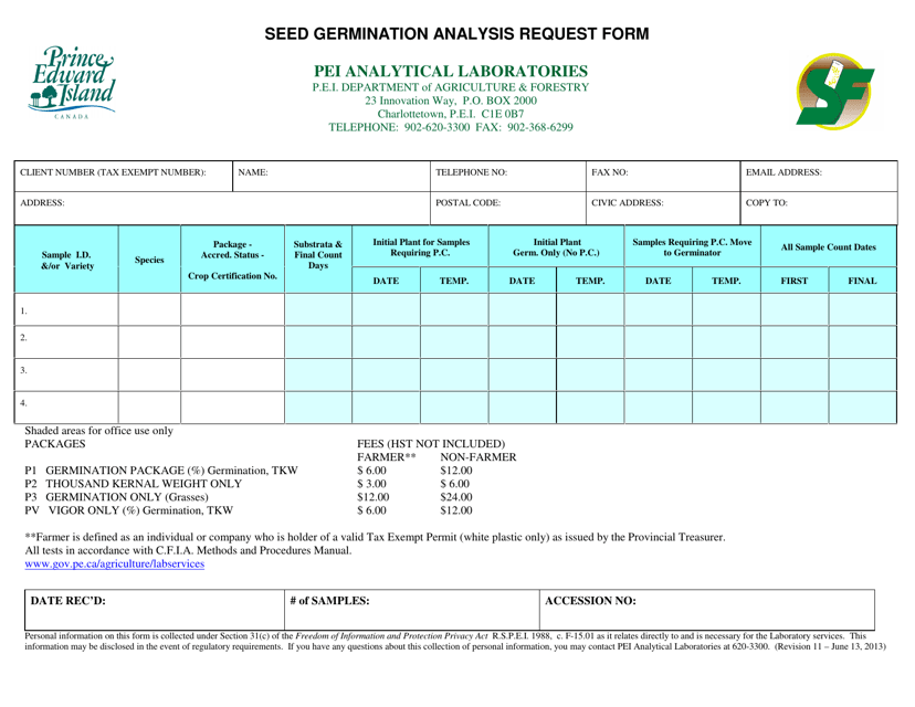 Seed Germination Analysis Request Form - Prince Edward Island, Canada Download Pdf