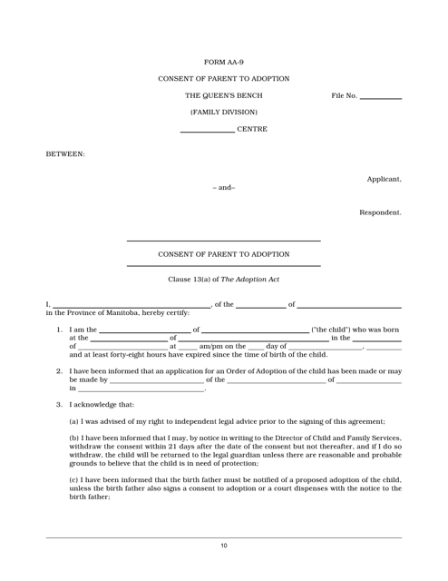 Form AA-9 Consent of Parent to Adoption - Manitoba, Canada