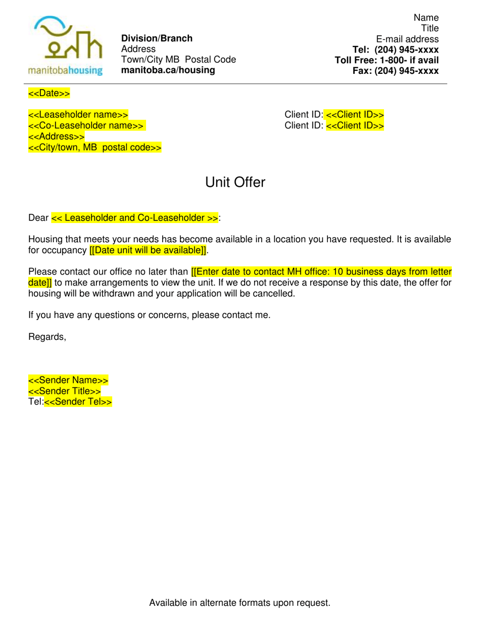 Unit Offer Letter - Manitoba, Canada, Page 1