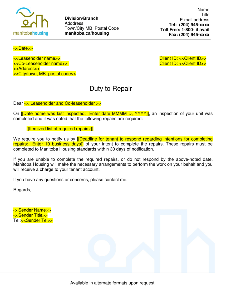 Duty to Repair Letter - Manitoba, Canada, Page 1
