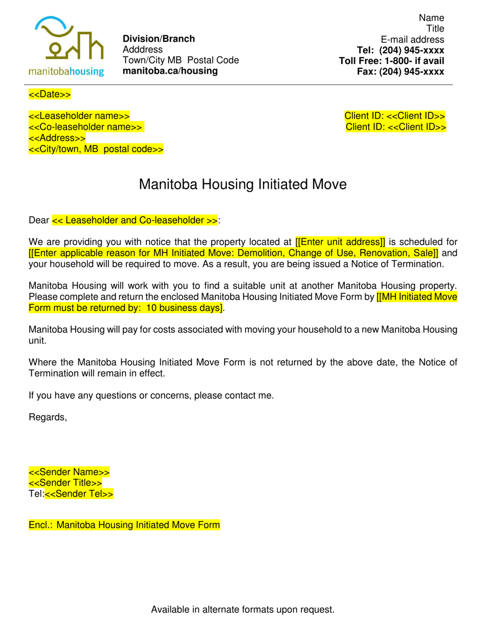 Manitoba Housing Initiated Move Letter - Manitoba, Canada, Page 1