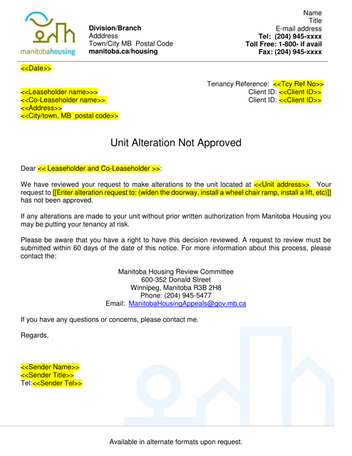 Unit Alterations Letter - Not Approved - Manitoba, Canada Download Pdf