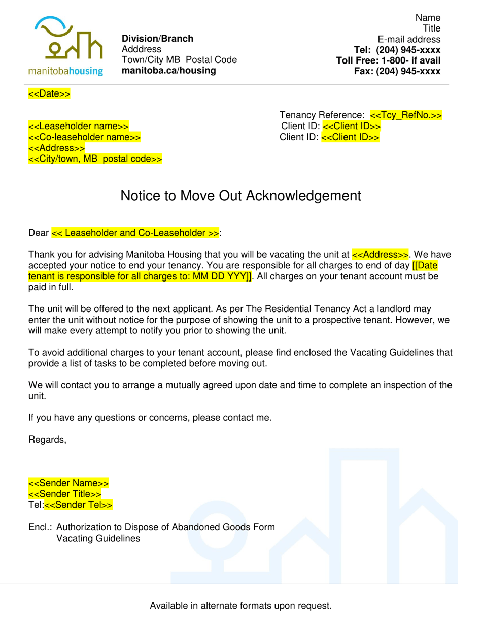 Notice to Move out Acknowledgment Letter - Manitoba, Canada, Page 1