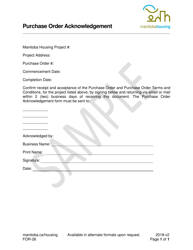 Document preview: Form FOR-26 Purchase Order Acknowledgement - Sample - Manitoba, Canada