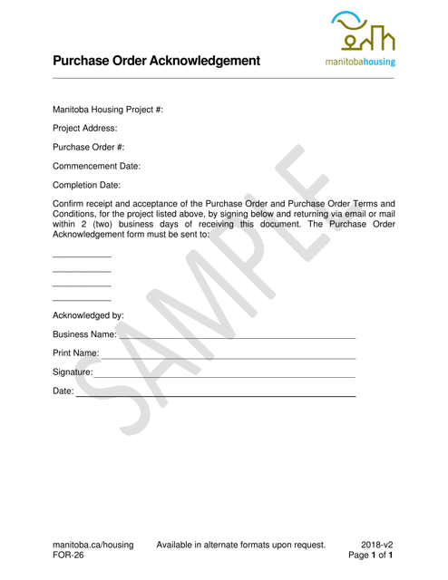 Form FOR-26 Purchase Order Acknowledgement - Sample - Manitoba, Canada