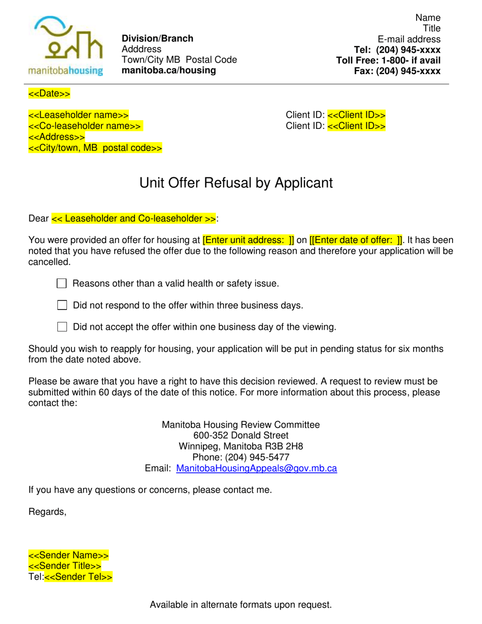 Unit Offer Refusal by Applicant Letter - Manitoba, Canada, Page 1