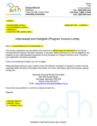 Document preview: Interviewed and Ineligible (Program Income Limits) Letter - Manitoba, Canada