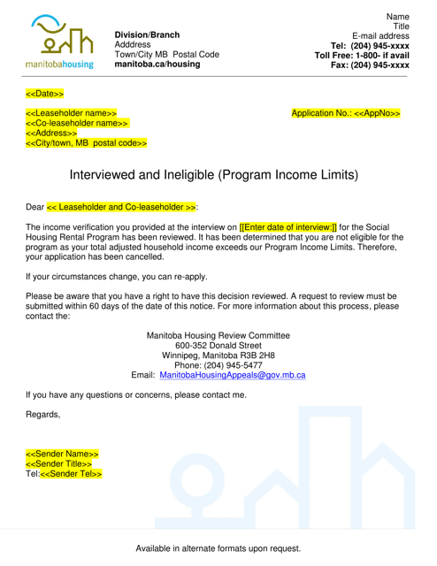 Interviewed and Ineligible (Program Income Limits) Letter - Manitoba, Canada