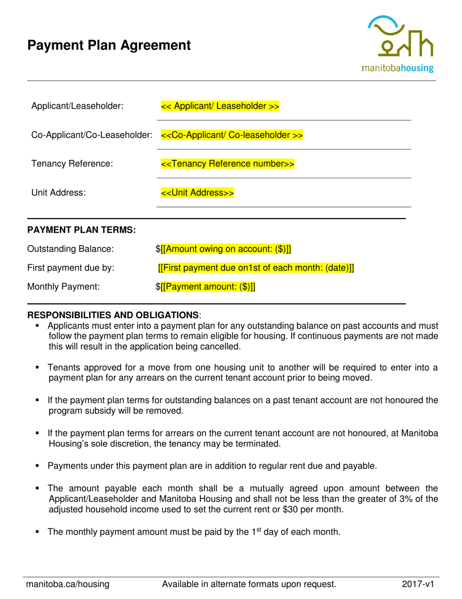 Manitoba Canada Payment Plan Agreement - Fill Out, Sign Online and ...